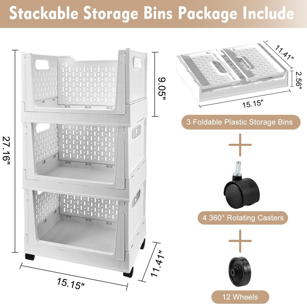 Stackable Plastic Storage Basket, 3 Pack Foldable Closet Organizers and Stora...