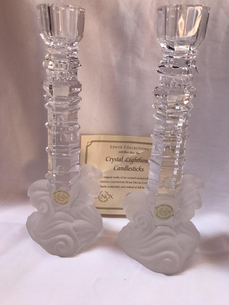 Lenox Crystal Lighthouse Candlestick Pair New In Box