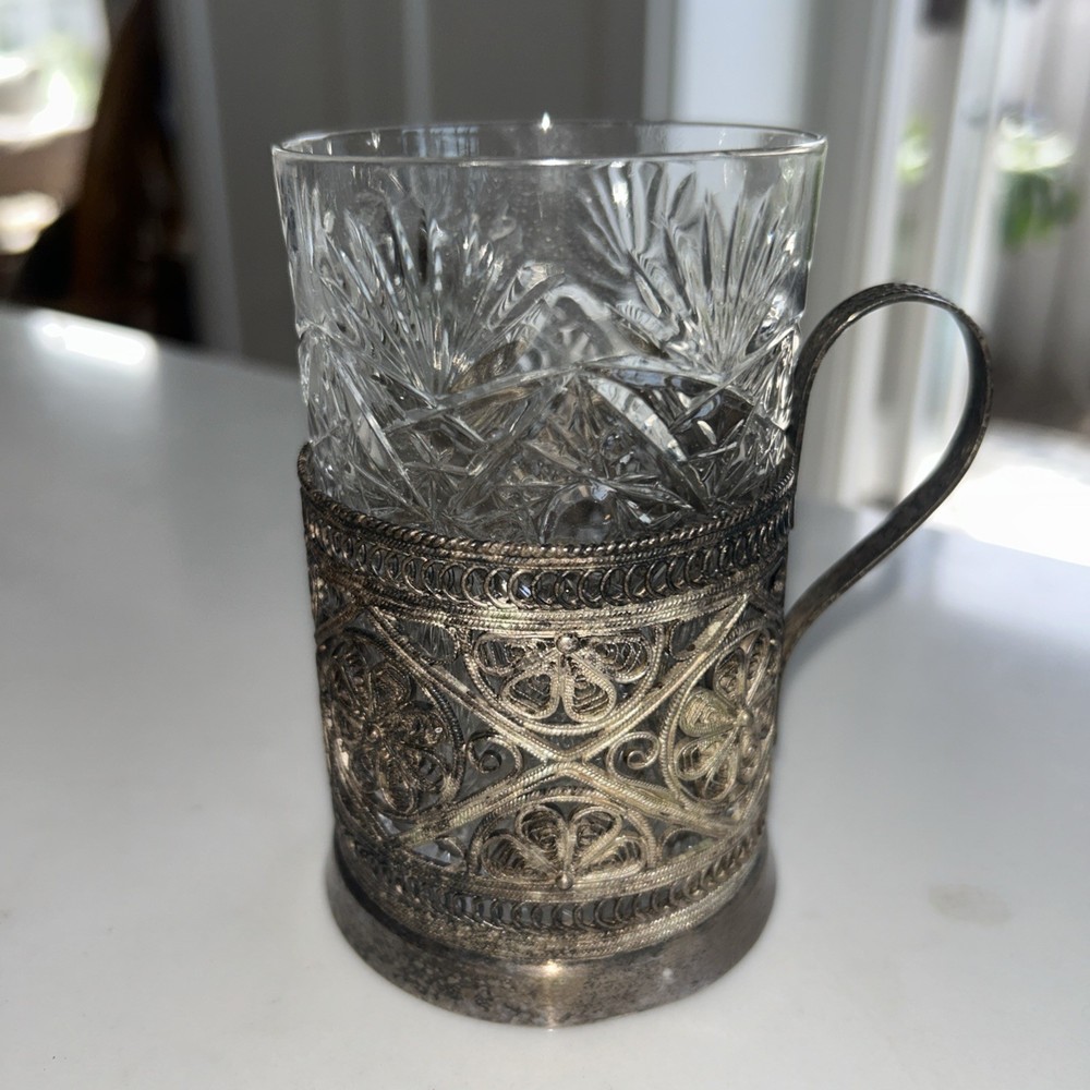 Russian crystal tea cup with silver