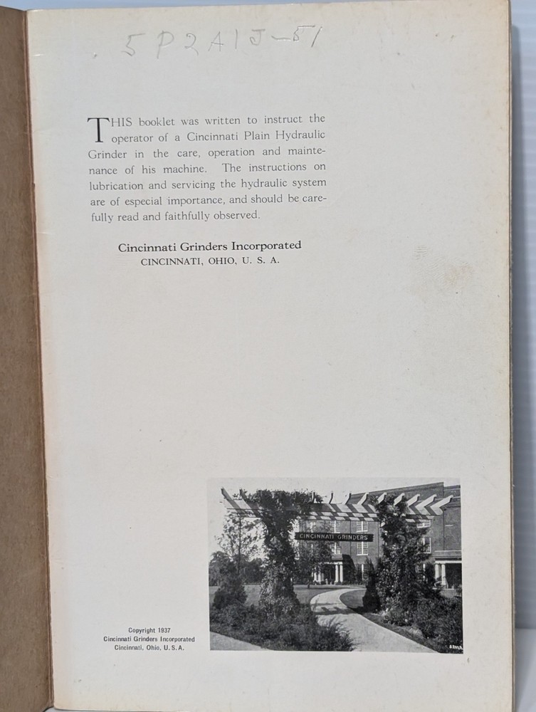 Cincinnati EA 6" & 10" Plain Hydraulic Grinding Machine Operators Instructions