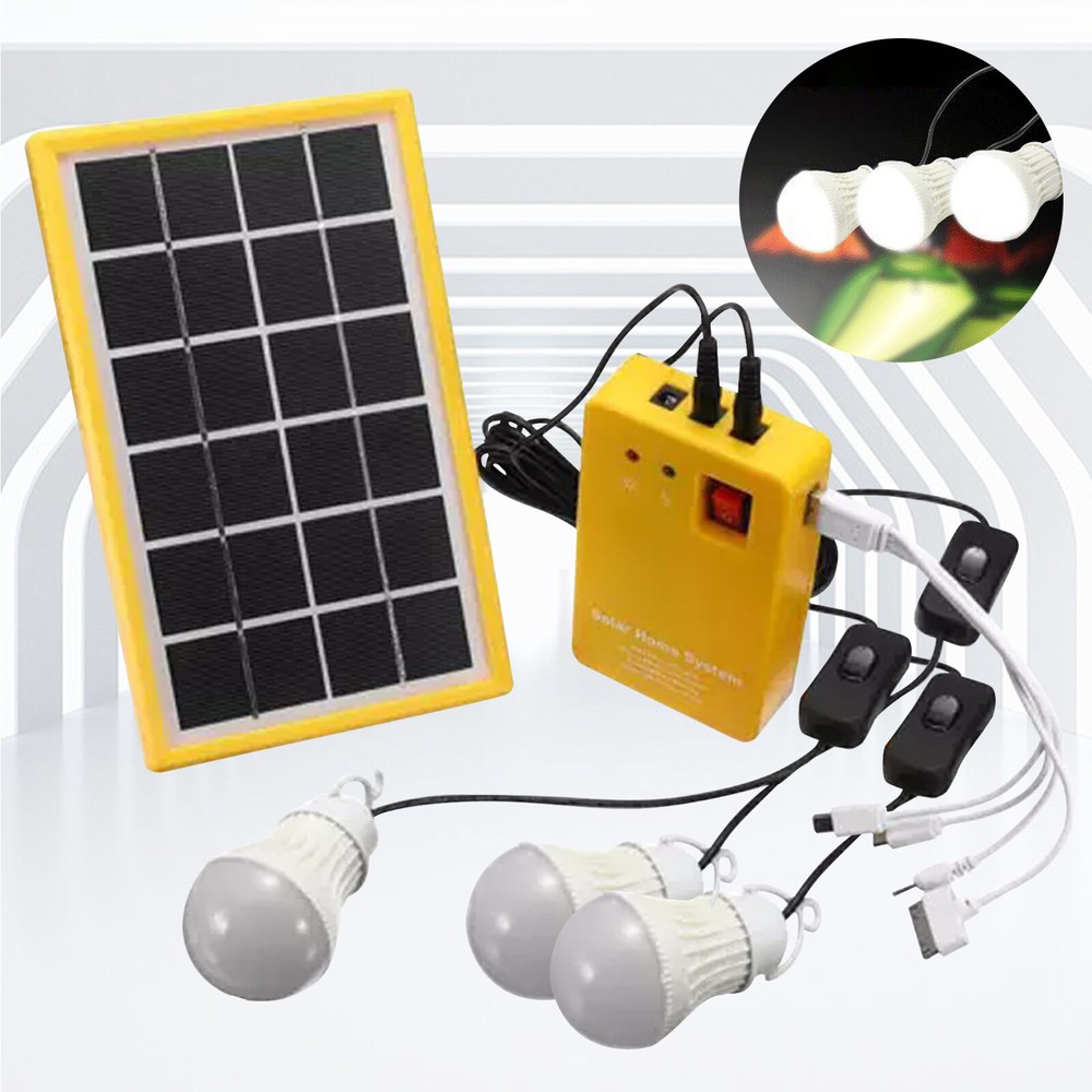 5V Solar Power Panel Generator Kit USB Charger Home System 3×LED Bulbs LightOl