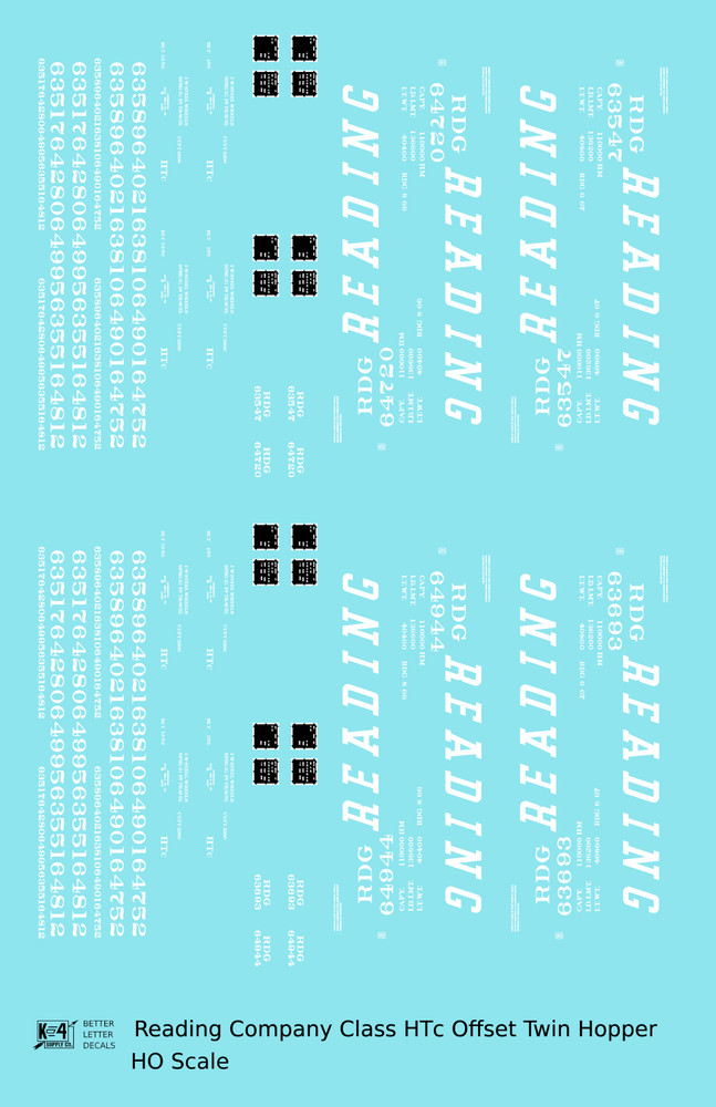 K4 HO Scale Decals Reading Class HTC Offset Twin Hopper White