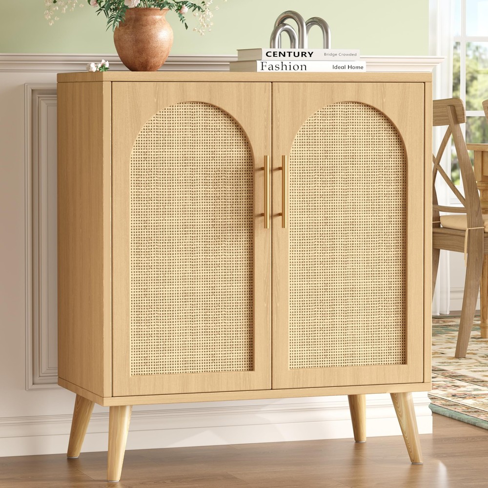 Rattan Buffet Cabinet with Storage, Boho Buffet Table with Adjustable Shelf a...