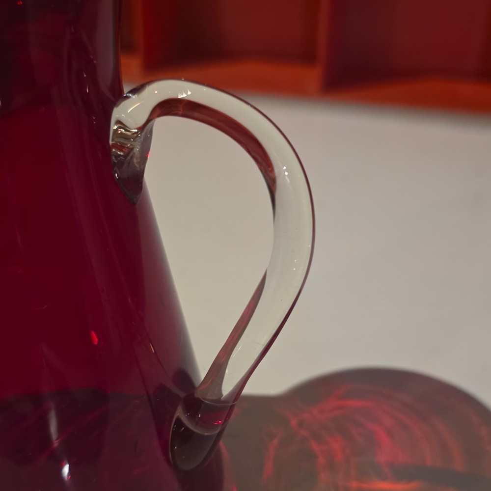 Red Hand Blown Ruby Glass Pitcher with Clear Handle, Glossy Finish, Round