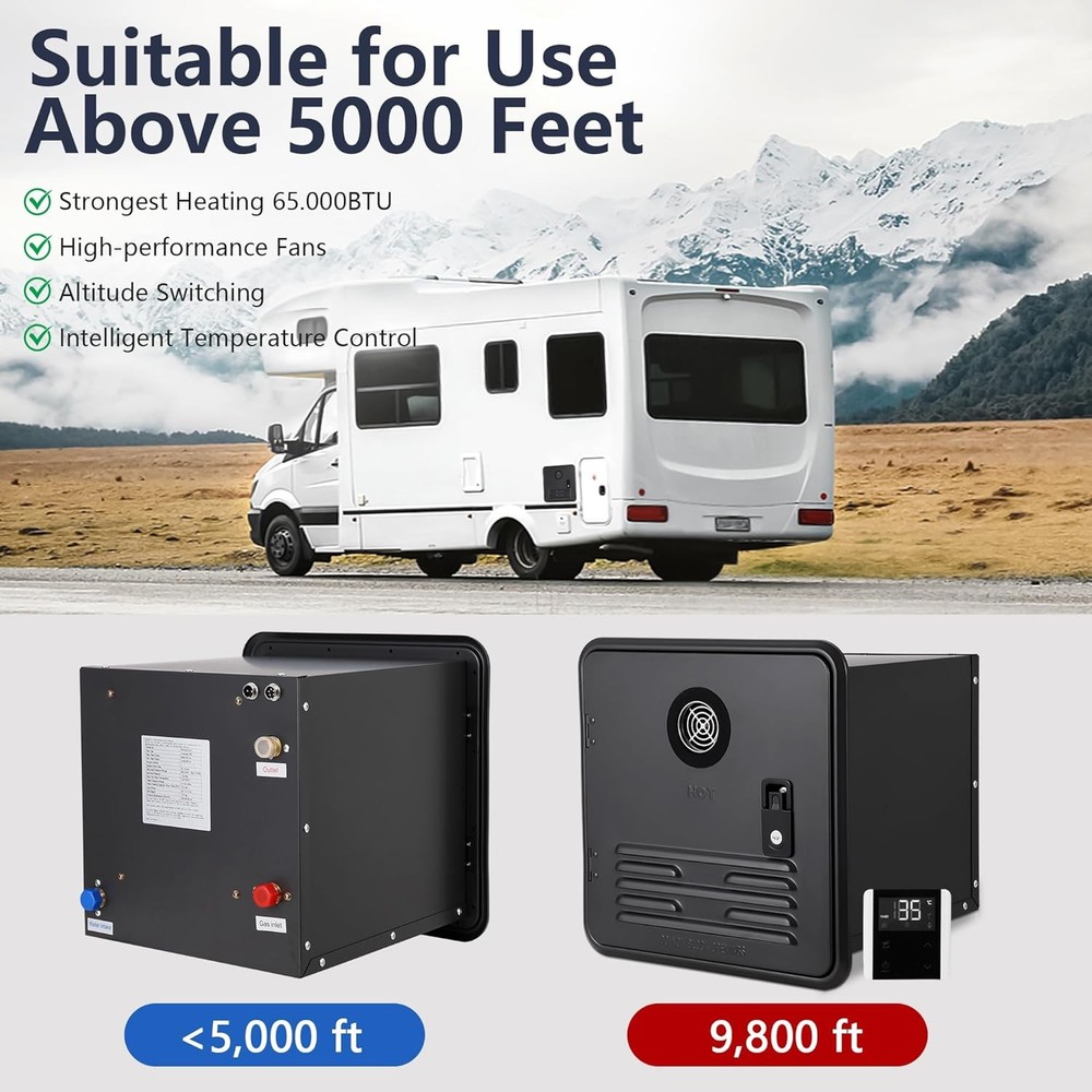 RV Tankless Water Heater Propane Gas Camper 65000BTU Controller 15x15 In Black