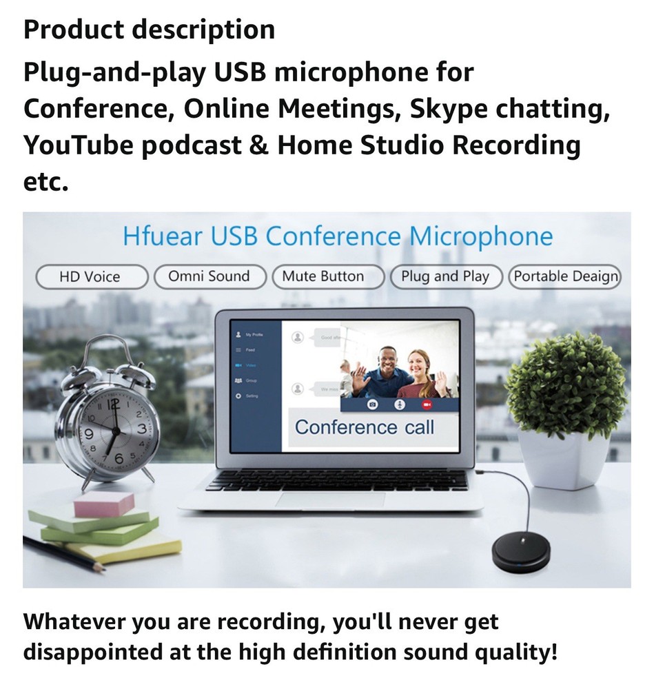 USB Omnidirectional Conference Microphone Plug & Play Upgraded