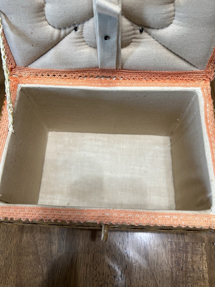Vintage Wicker Tan Sewing Basket with Handle Painted Lid Lined
