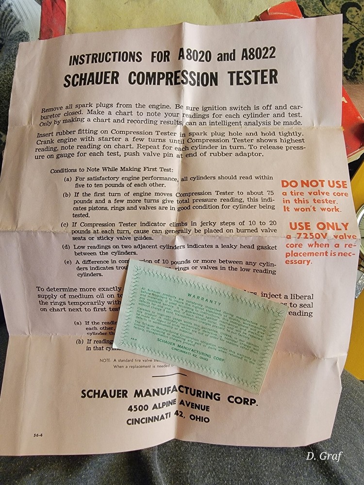 Vintage Schauer USA Compression Tester Untested, Original Box And Paperwork