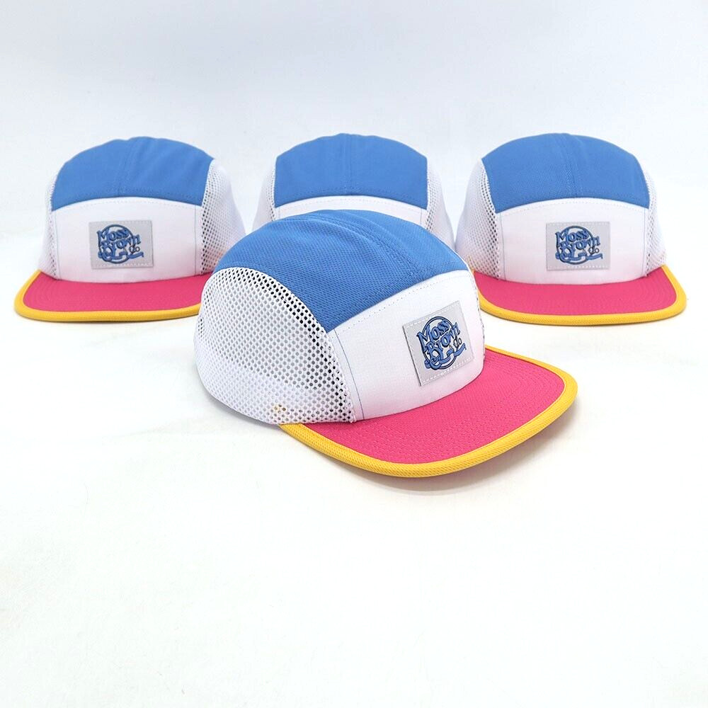 Moss Brown 5-Panel Vented Running Cap, Never Released, Pink Blue and Yellow