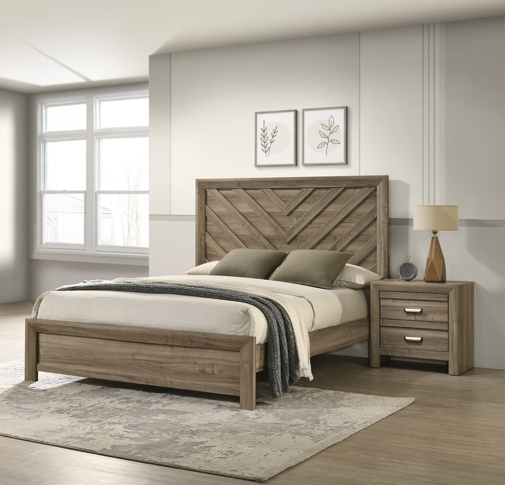 3pc Light Brown King Size Chevron-pattern Panel Bed 2x Nightstand Bedroom Set
