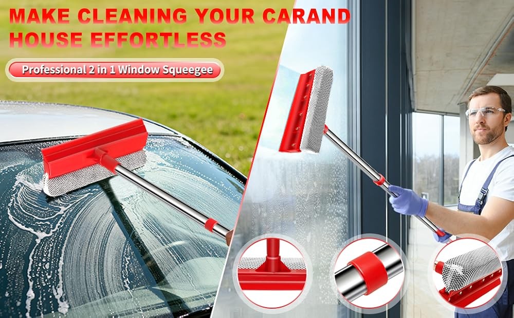 Window Squeee.- Retractable Handle, 2-in-1 Squeee for Window Cleaning