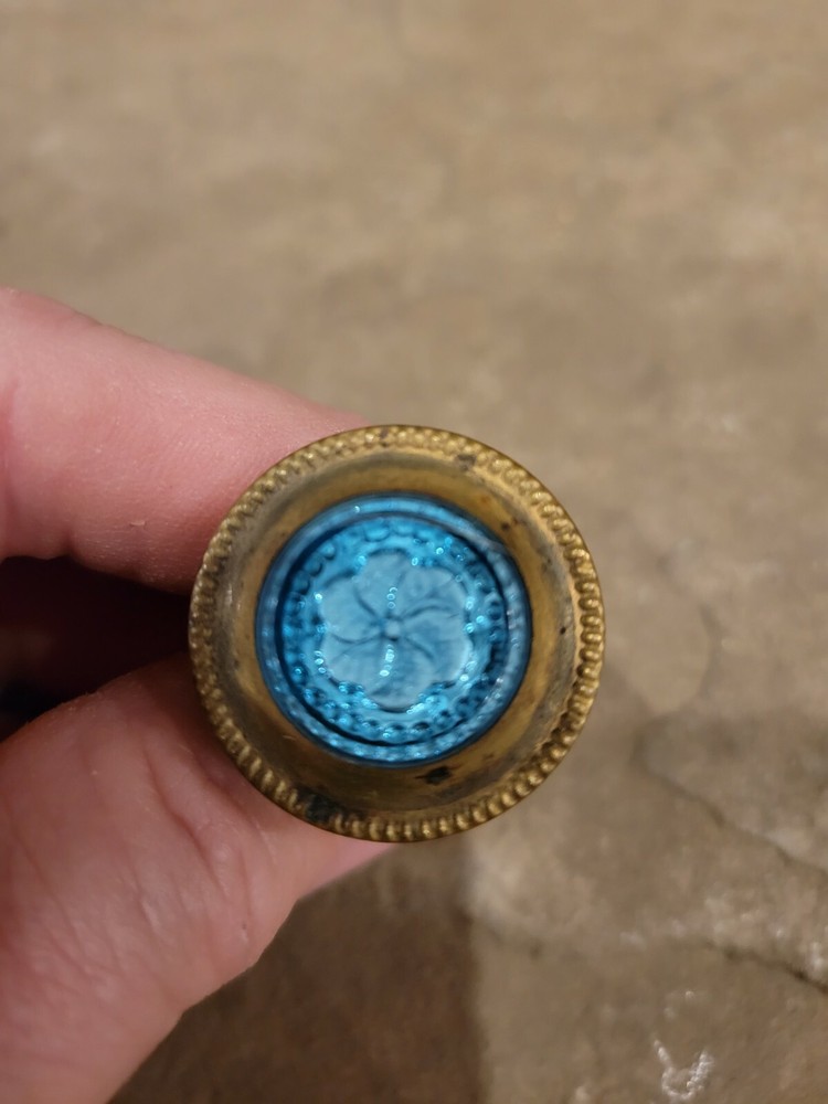 2 Brass decorative inlaid blue drawer pulls decorative knobs screws 2 1/4 long