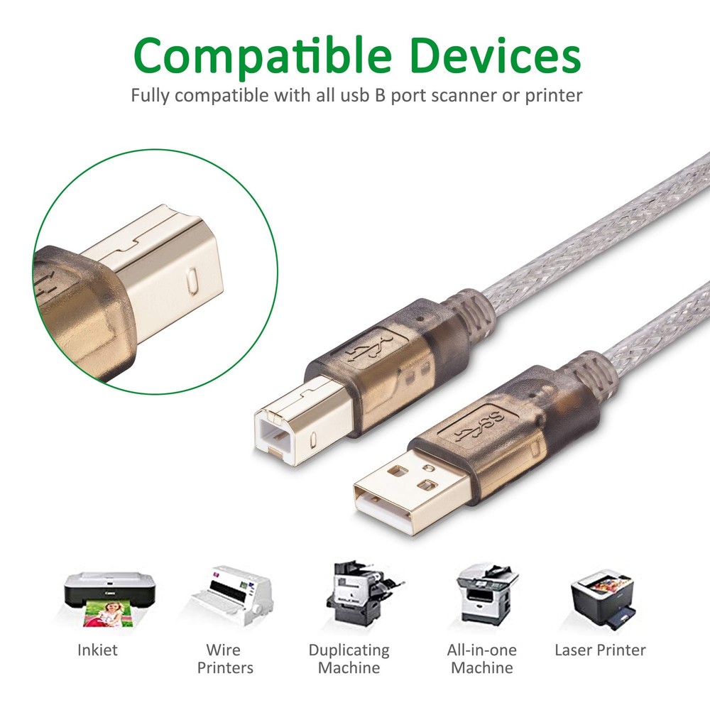 Printer Cable 25Ft,2.0 Scanner ['25 Ft/8M'], Translucent silver