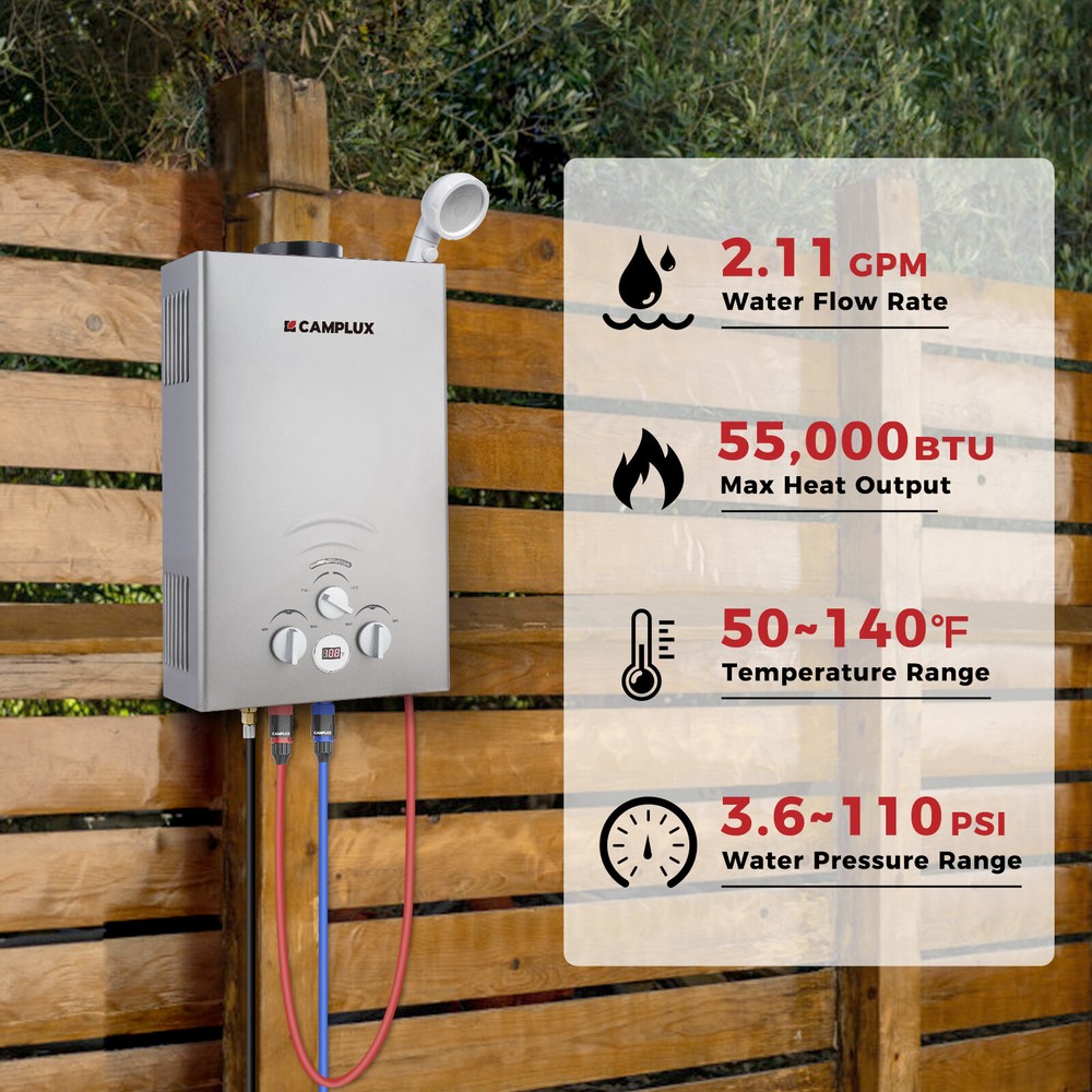 Camplux 8L Tankless LPG Gas Water Heater Outdoor Washing Instant Hot Shower Kit