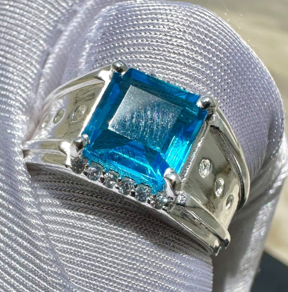 Blue Topaz Men's Ring Solid 925 Sterling Silver Statement Ring, All Size