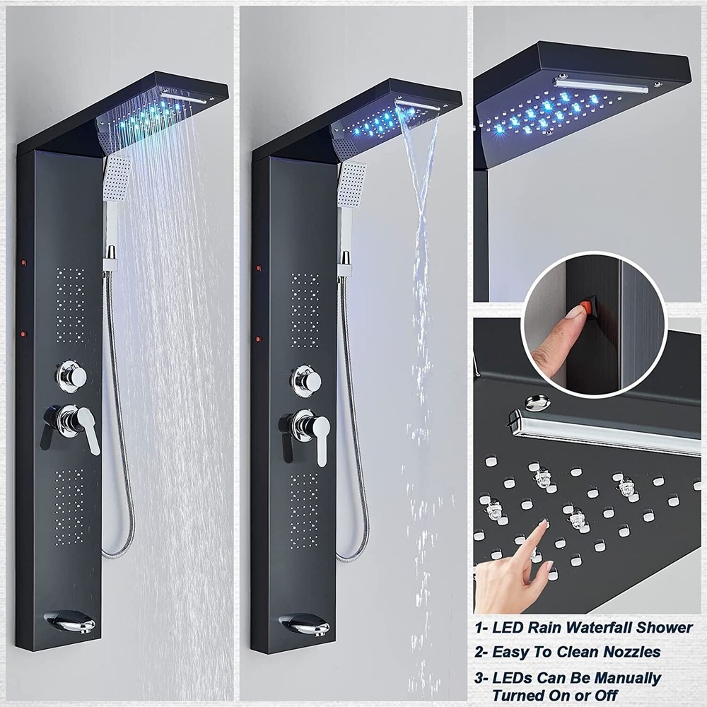 Shower Panel Tower System Faucet LED Rain&Waterfall Head 5-Function Massage Jets