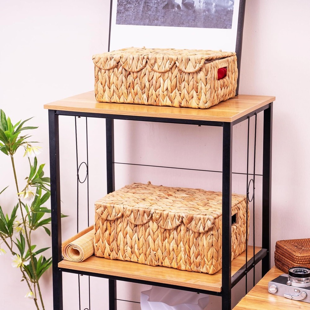 Rectangular wicker storage basket with built-in handles, set of 2