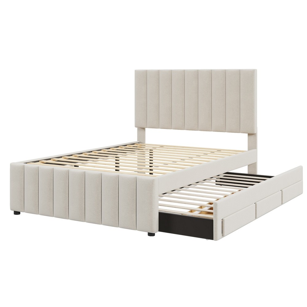 Full Size Bed Frame Upholstered Platform Bed w/ Pull Out Trundle & 3 Drawers
