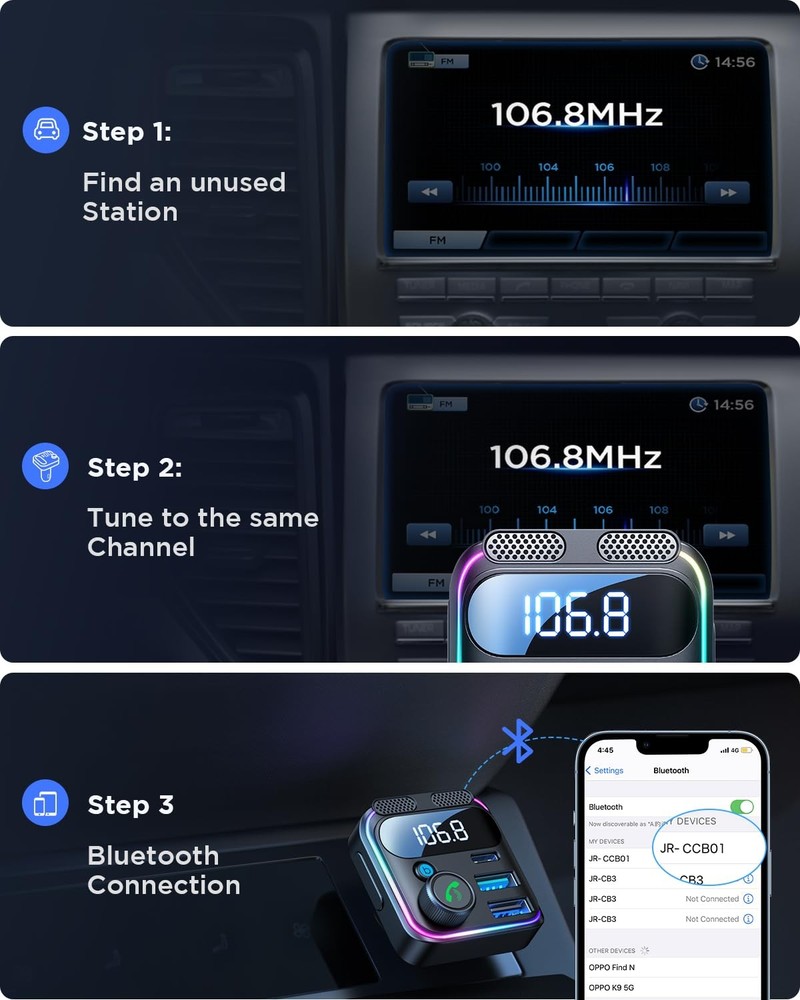 Bluetooth 5.4 Car Adapter FM Transmitter 81W Bluetooth Cigarette Lighter Adap...