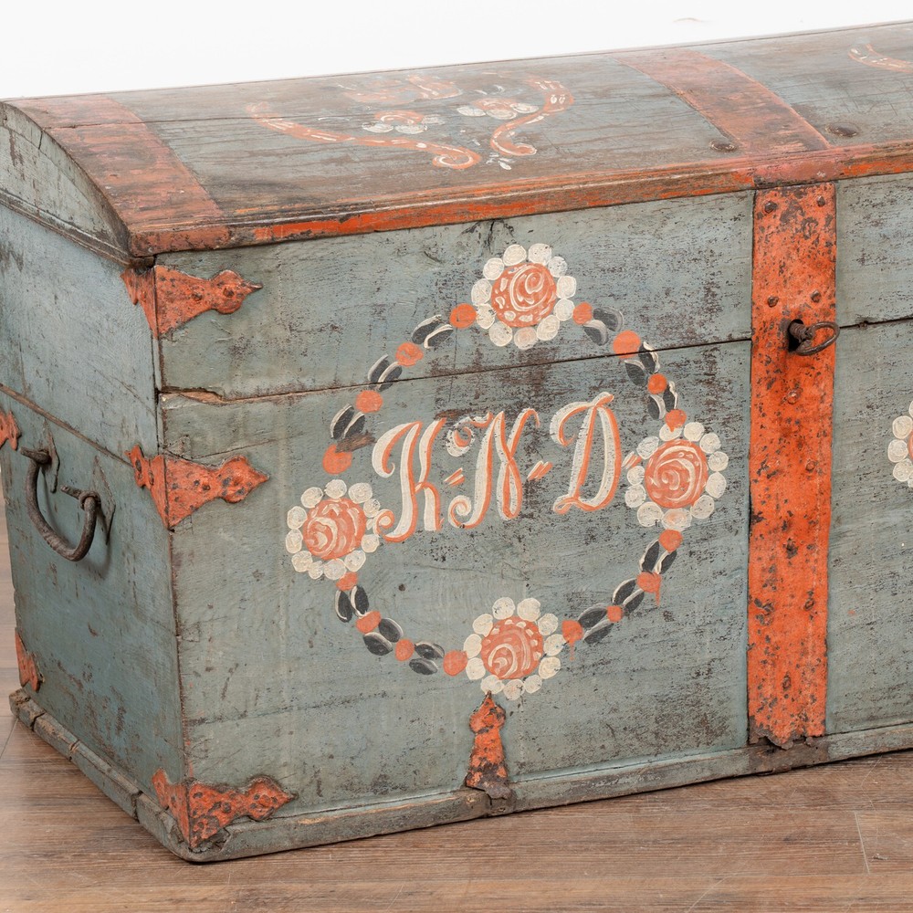 Original Blue Painted Dome Top Trunk from Sweden dated 1804