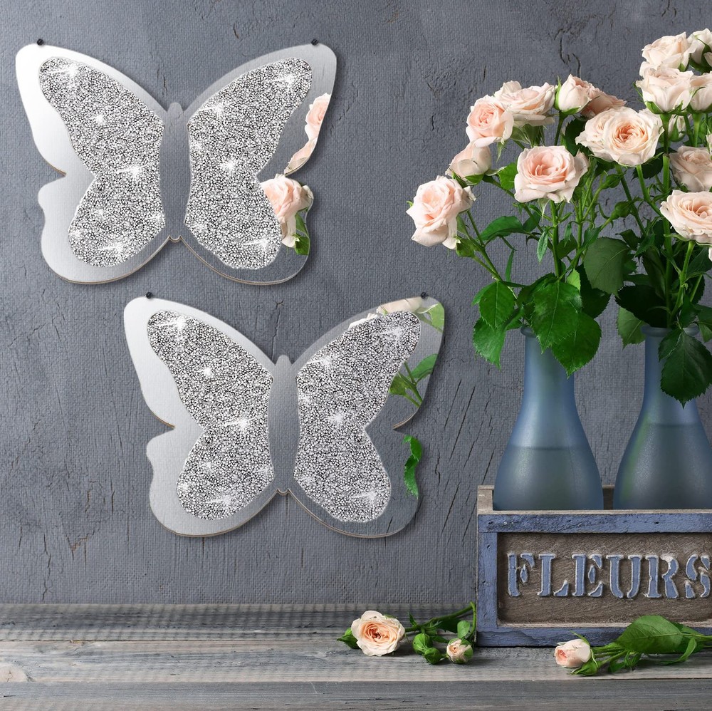2 Pieces Butterfly Shaped Mirror Crystal Crushed Diamond Silver Mirror Silver...