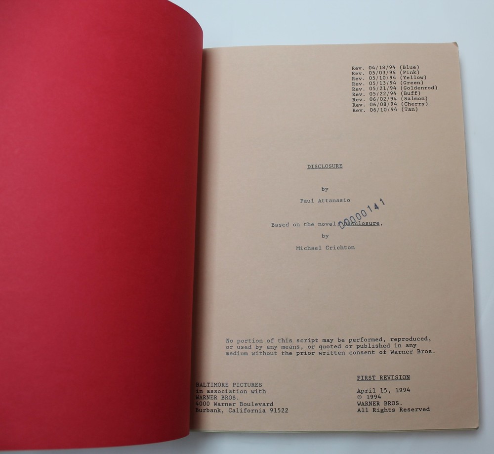 DISCLOSURE / Paul Attanasio 1994 Screenplay, based on the Michael Crichton novel
