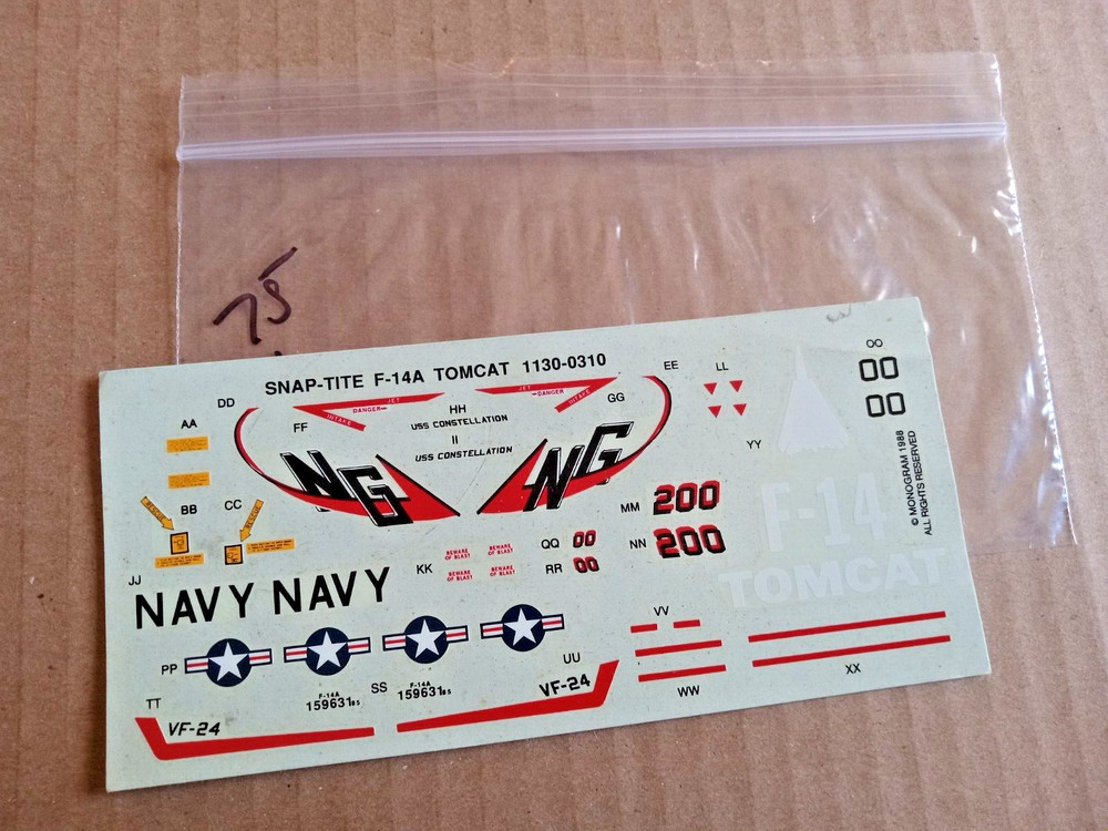 F-14A Tomcat  Decals only  Scale unknown package 75  "read desc " !!!!!!!!!!!!!!