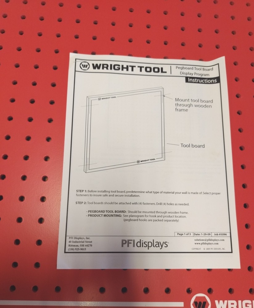 New. Wright Tool D938B PEGBOARD ONLY, No Hooks