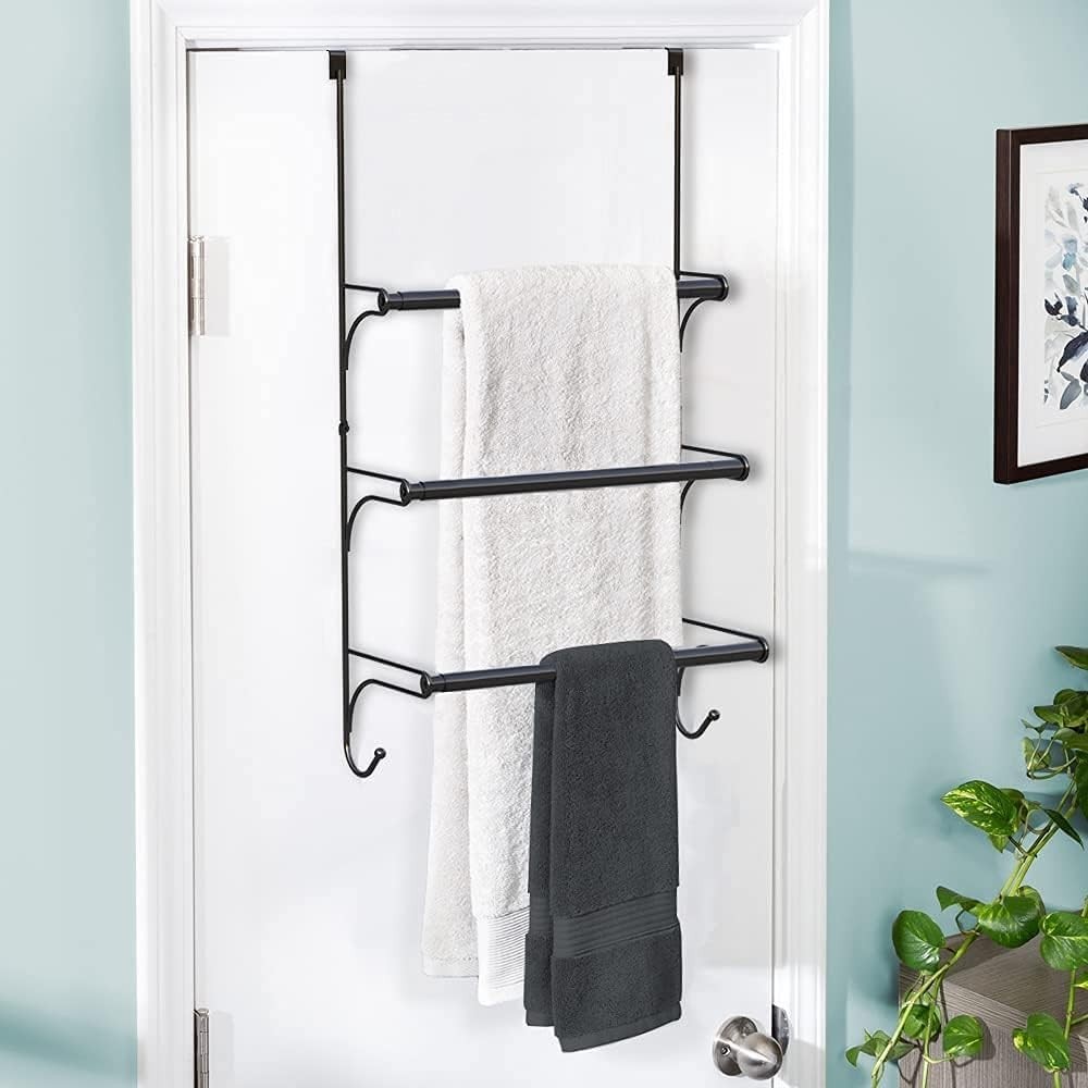 Versatile Black Adjustable Towel Rack with Hooks for Small Spaces - Easy Install