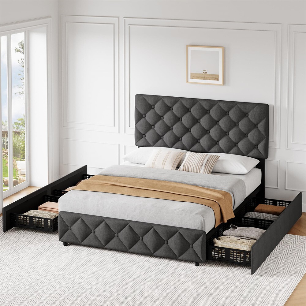 ⏯✅4 Storage Drawers and Headboard Queen Bed Frame Upholstered Platform Bed Frame