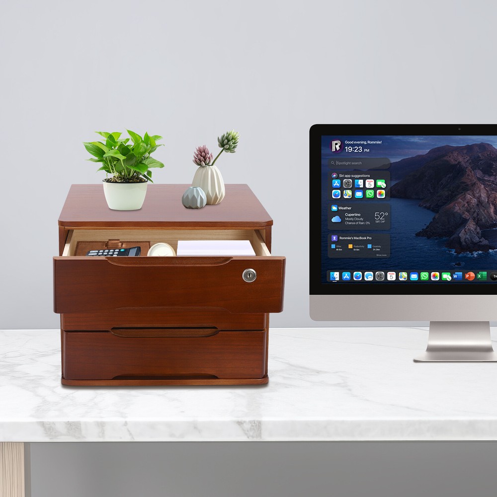 3-Tier File Cabinet Organizer Walnut Desktop Storage Box with Lockable 3 Drawers