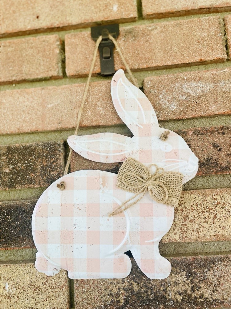 Spring Peach Gingham Hanging Metal Bunny