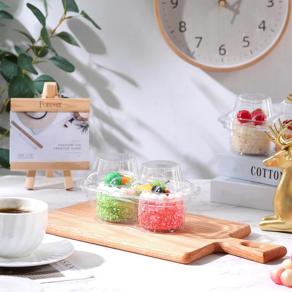 Eaasty 150 Pcs 2 Compartment Plastic Cupcake Containers Disposable Deep Carrier