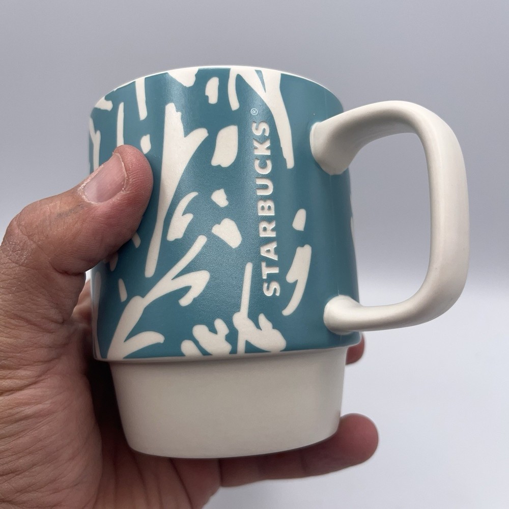 2016 Starbucks Abstract Bamboo Unique Floral Stackable Teal Coffee Tea Cup 12oz