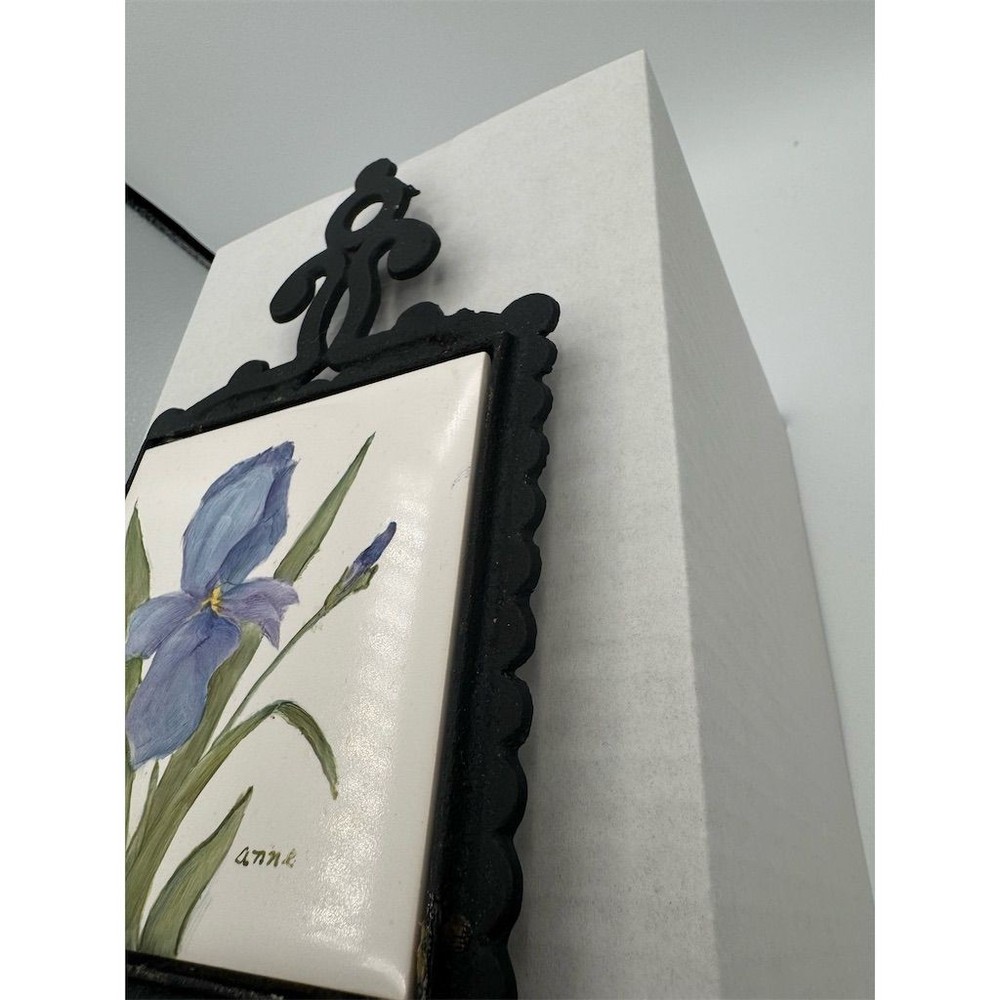 Vintage Hand-Painted Ceramic Trivet Blue Iris Design Kitchen Decor KS