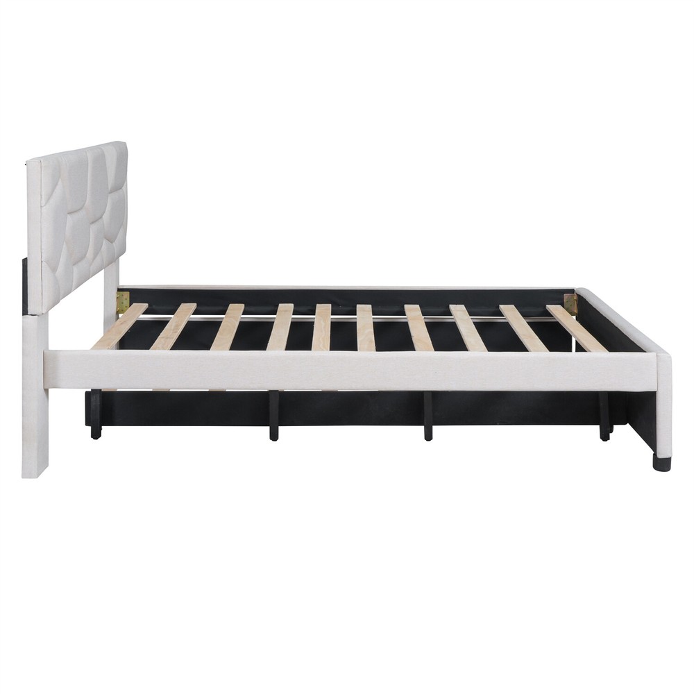 Full/Queen Size Bed Frame Upholstered Platform Bed w/ Headboard Beige/Gray US
