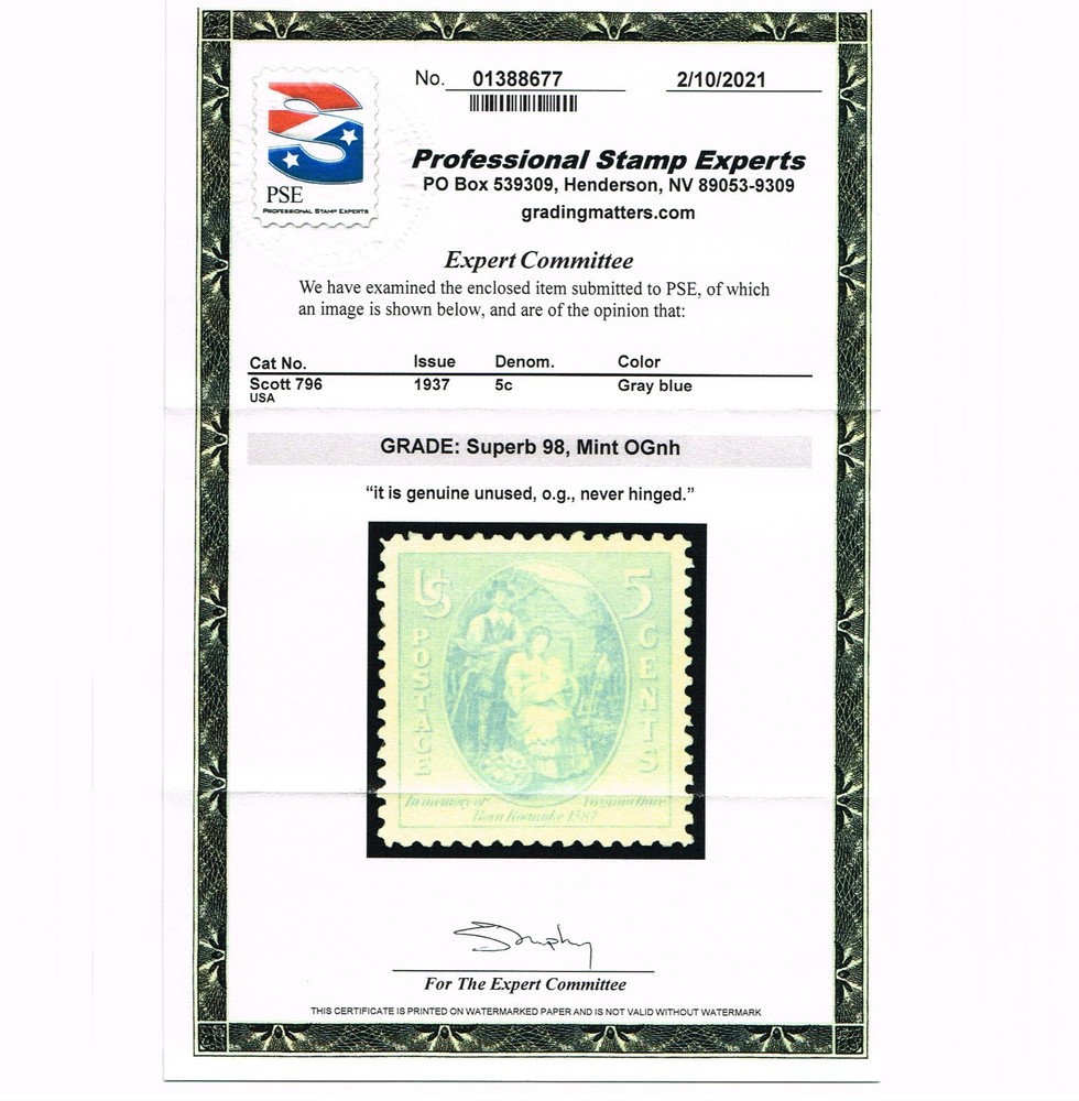 EXCEPTIONAL GENUINE SCOTT #796 MINT PRISTINE OG NH PSE CERT GRADED SUPERB-98