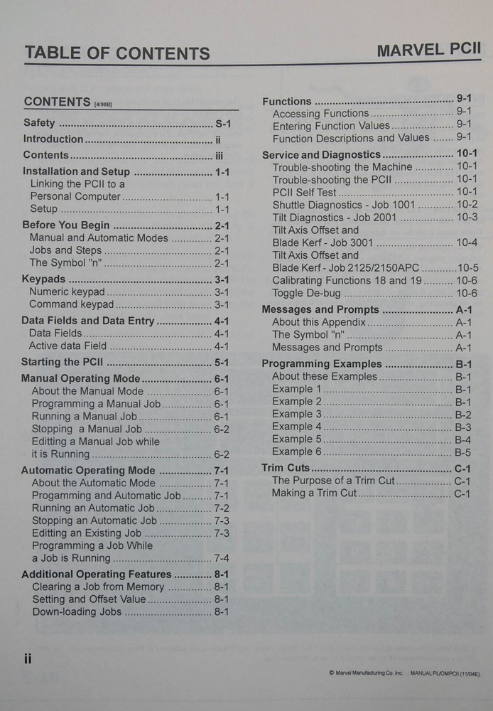 Marvel Bandsaw PCII or PC2 Micro Processor Programming Manual Year 1999