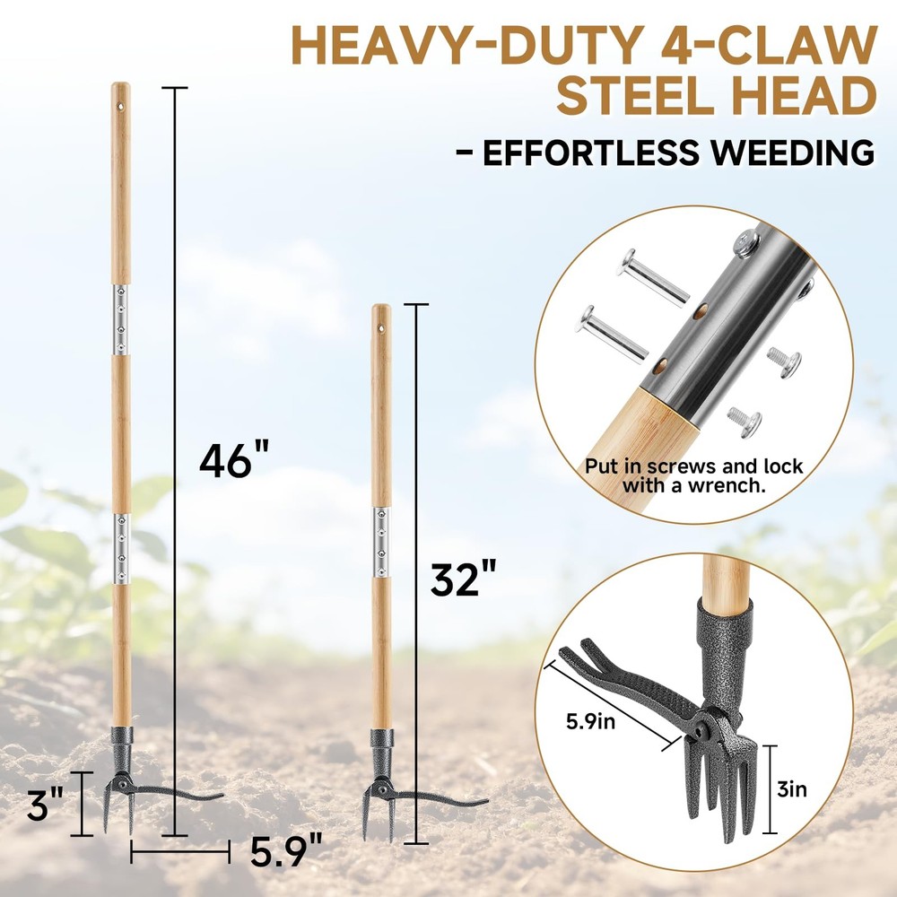 Heavy Duty Stand Up Weed Puller Tool - 46" Long Handle & 4-Claw Steel Head, E...