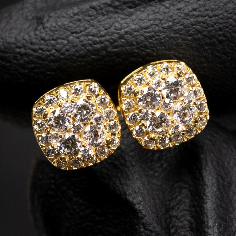 Yellow Gold 925 Sterling Silver Small 3D Cube Square Cluster Stud Earrings