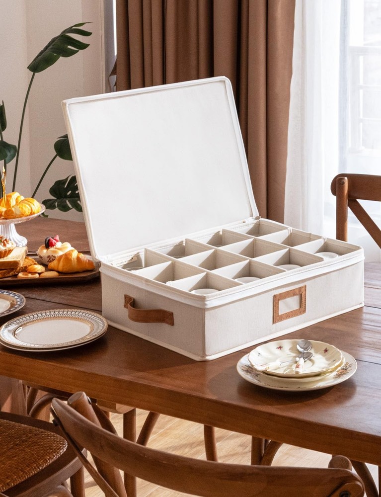 China Storage Container, Stackable Mug Storage Box with Dividers, Stemware St...