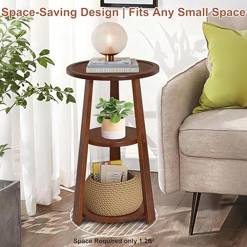 3-Tier Round Side Table, Solid Wood End Table & Nightstand for Small Red Brown