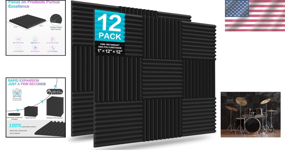 Acoustic Foam Panel Set Black 12 Pack