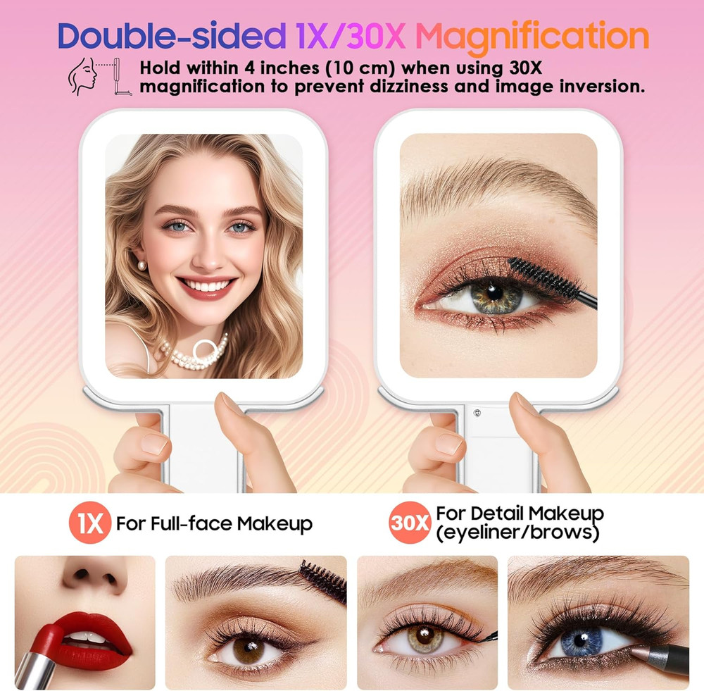 Double-Sided 30X/1X Magnifying Travel Mirror with Adjustable Light and Foldable