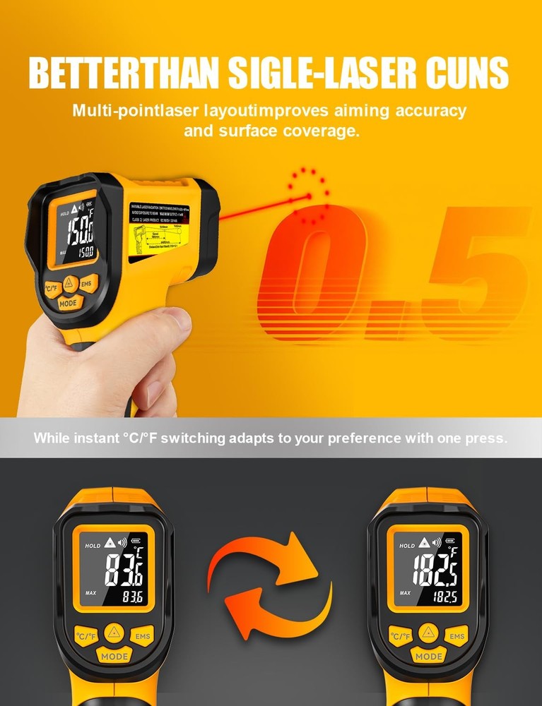 Thermometer , -58℉ to 1472℉, High Precision, Non-Laser Temperature Sensor wit...