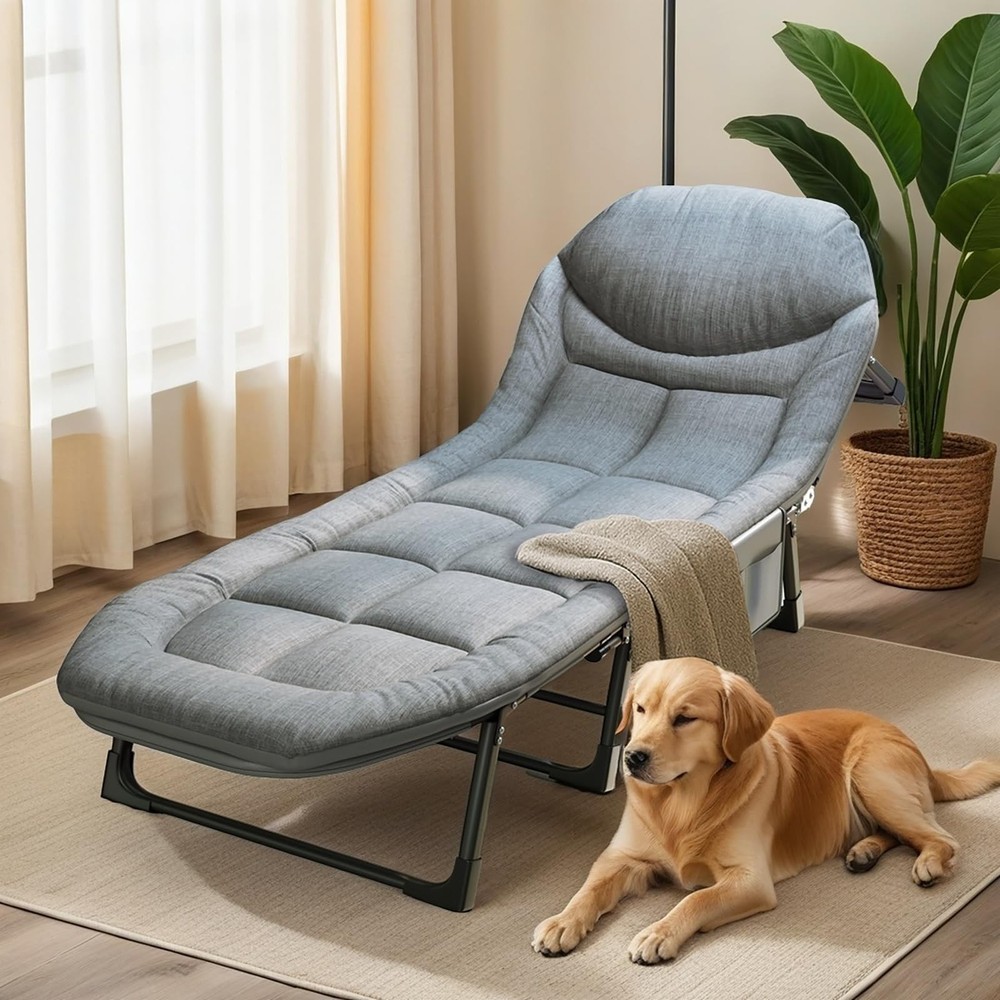 Chaise Lounge Chair, Folding Cot, 6-Angle Adjustable Camping Cot with Mattres...