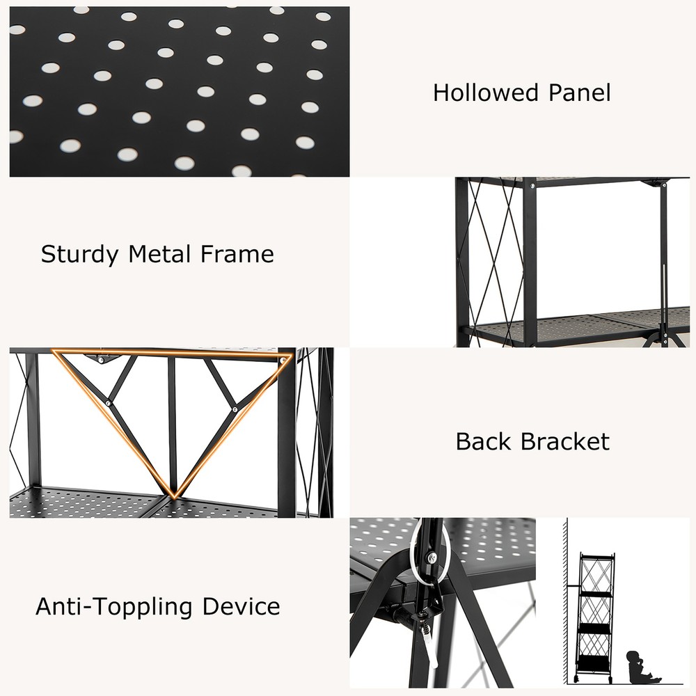 4-tier Foldable Storage Shelving Unit w/4 Universal Wheels for Kitchen Study