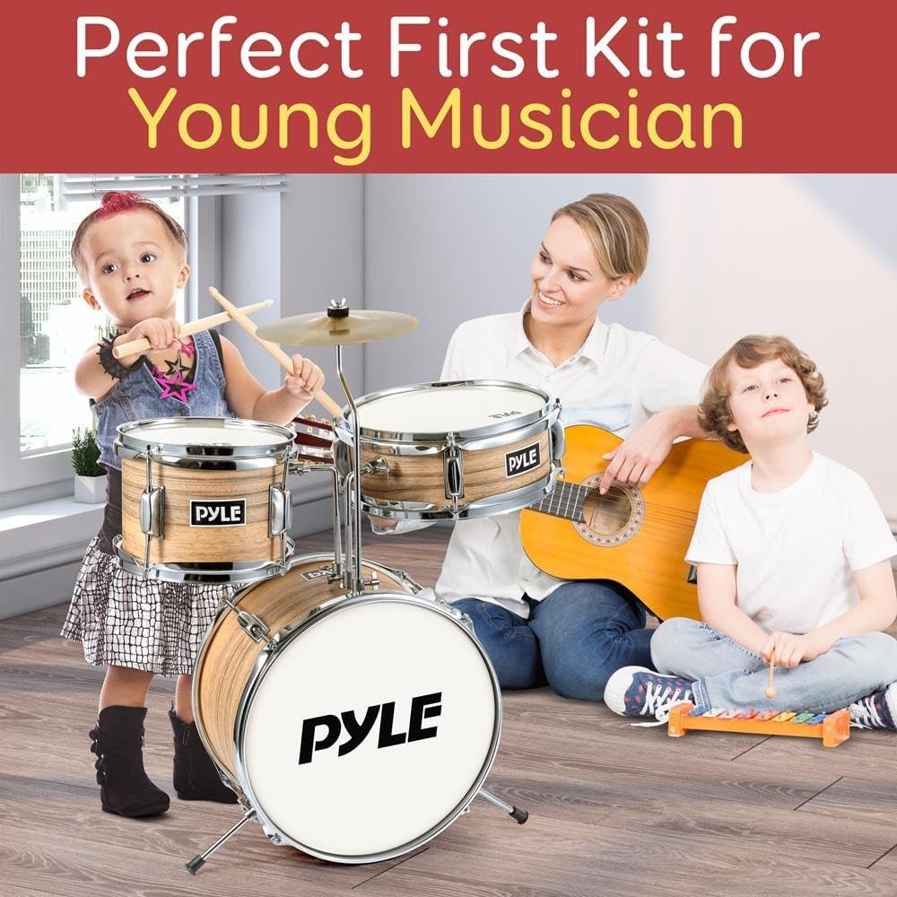Pyle 3 Pcs Drum Set Beginner Junior Drummer Kit-Adjustable Throne -Natural
