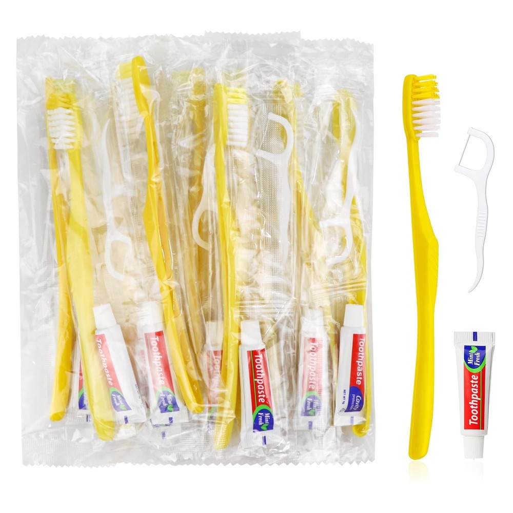 100pcs Disposable Toothbrushes with Toothpaste and Floss,Yellow Bulk Single U...