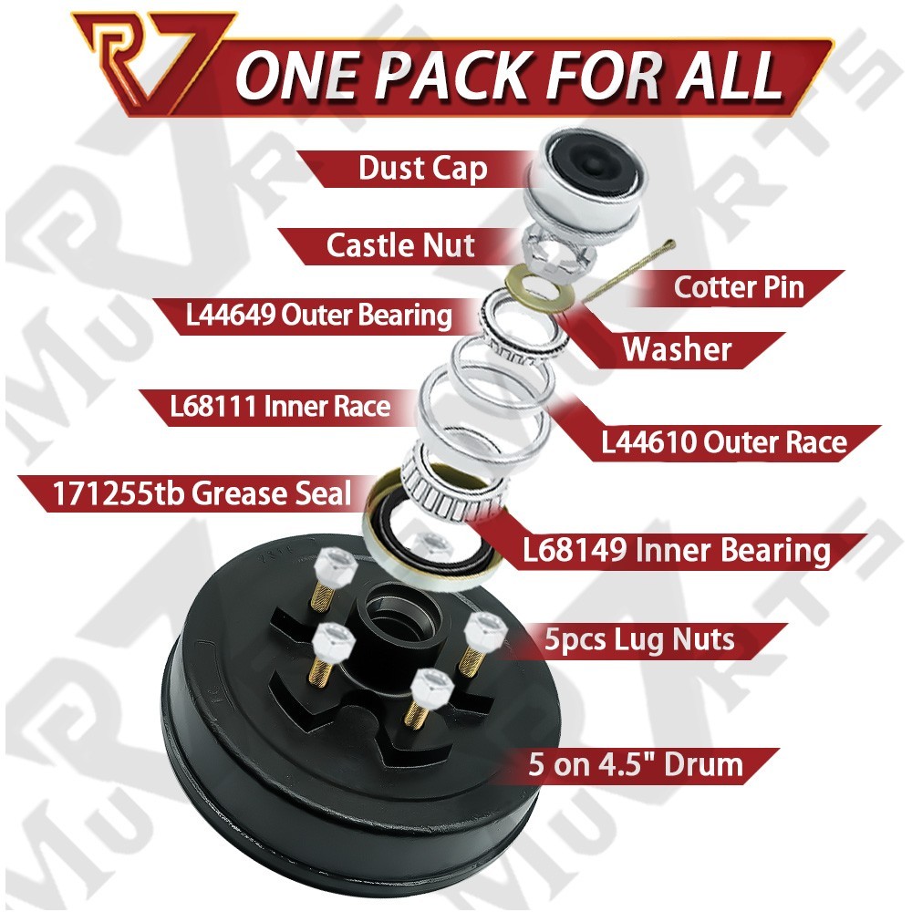 10" x 2.25" Trailer Hub Drum Kit 5 x 4.5" Bolt Pattern for 3500 lbs Axle 4 Sets